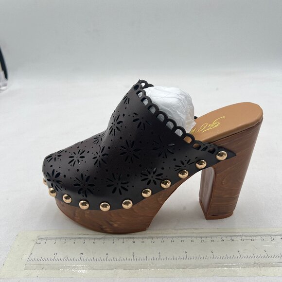 FOWT Brown Studded Round Toe Floral Cut Out Platform Mules Chunky Heel Sandals - Picture 2 of 8
